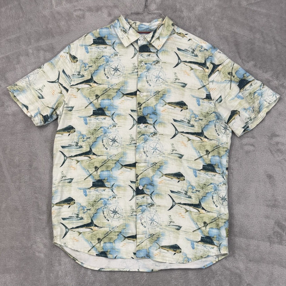 Margaritaville Shirt Mens XL Green Blue Rayon Yacht Resort Fish Nautical Explore